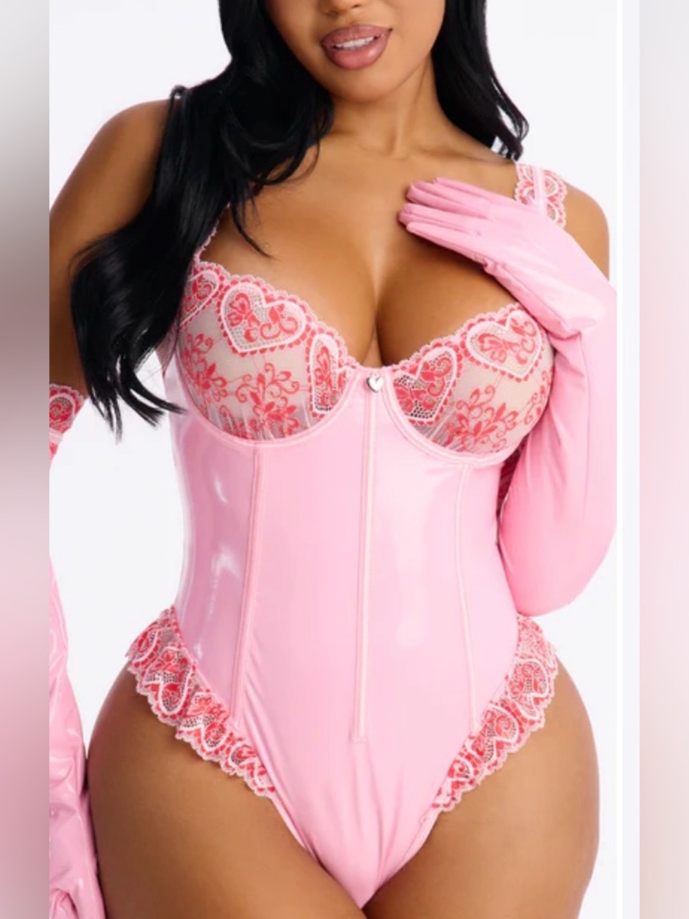 NWT Forplay Pink Lace Trim Vinyl Bustier Patent Teddy Bodysuit Medium